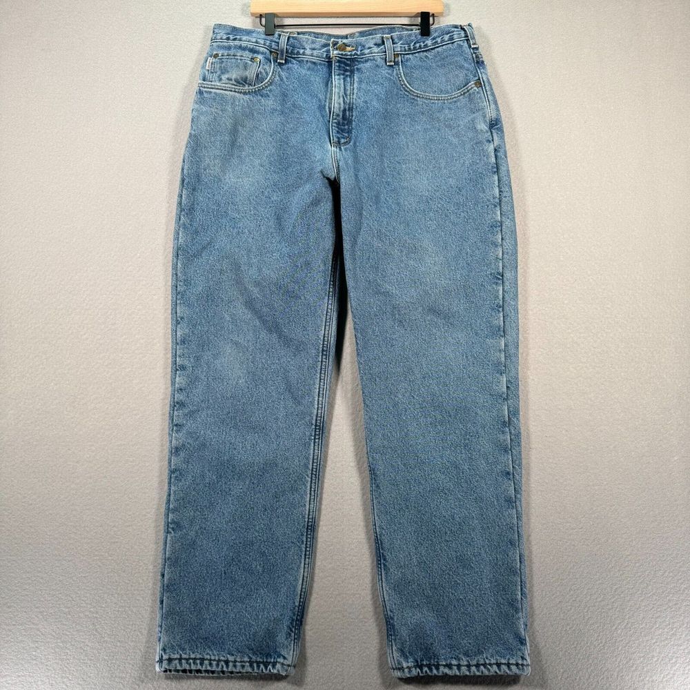 Carhartt Jeans Mens 38x32 Blue Relaxed Fit Fleece Lined Denim Re-Worked B155-DST